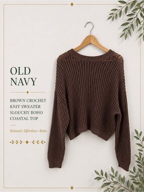 Old Navy Brown Crochet Knit Sweater Slouchy Boho Coastal Top Large